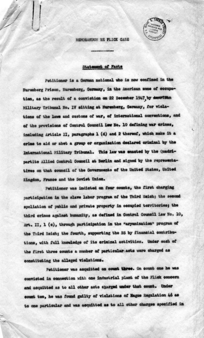 Memorandum Regarding Flick Case