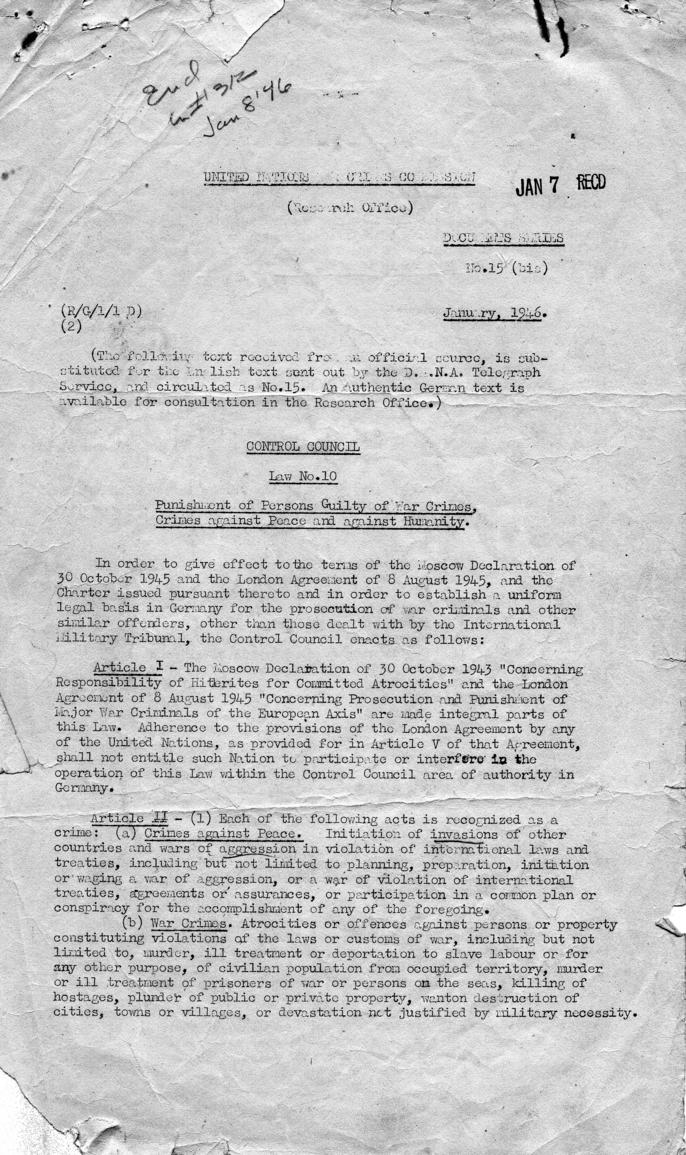 Memorandum, Control Council Law No. 10: Punishment of Persons Guilty of War Crimes, Crimes against Peace and against Humanity