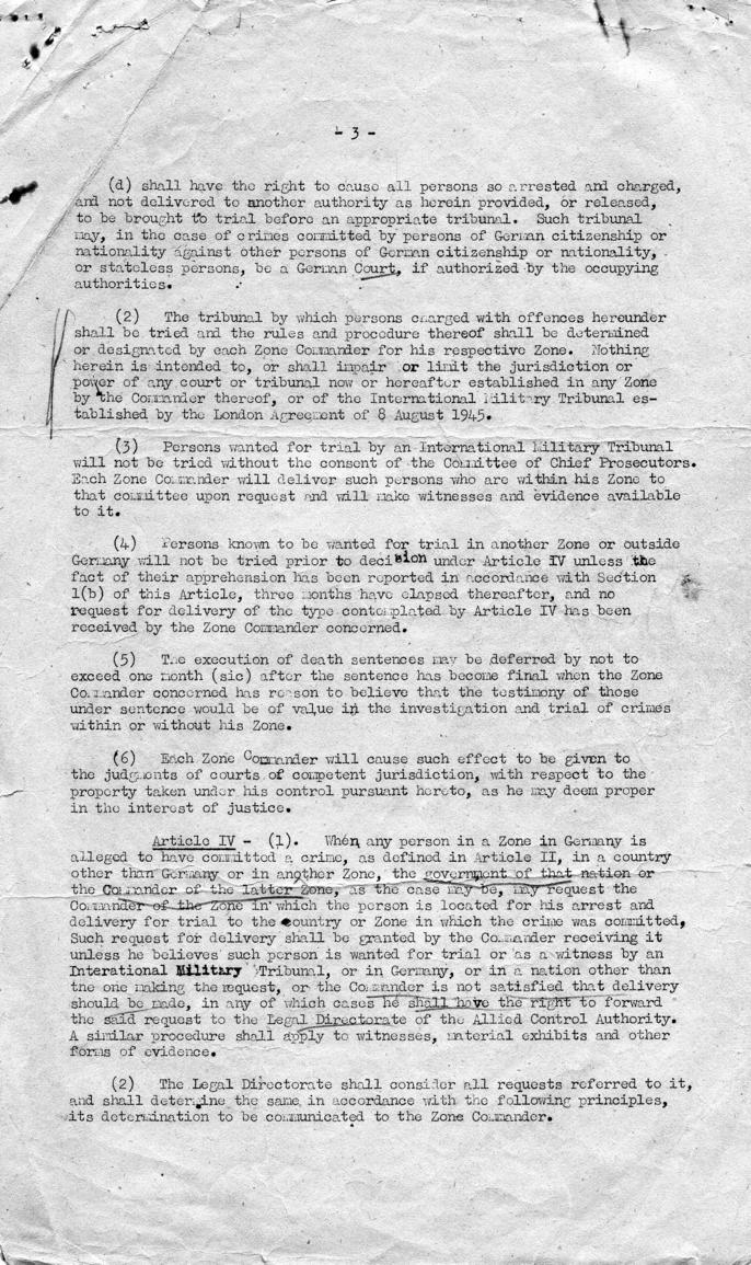 Memorandum, Control Council Law No. 10: Punishment of Persons Guilty of War Crimes, Crimes against Peace and against Humanity