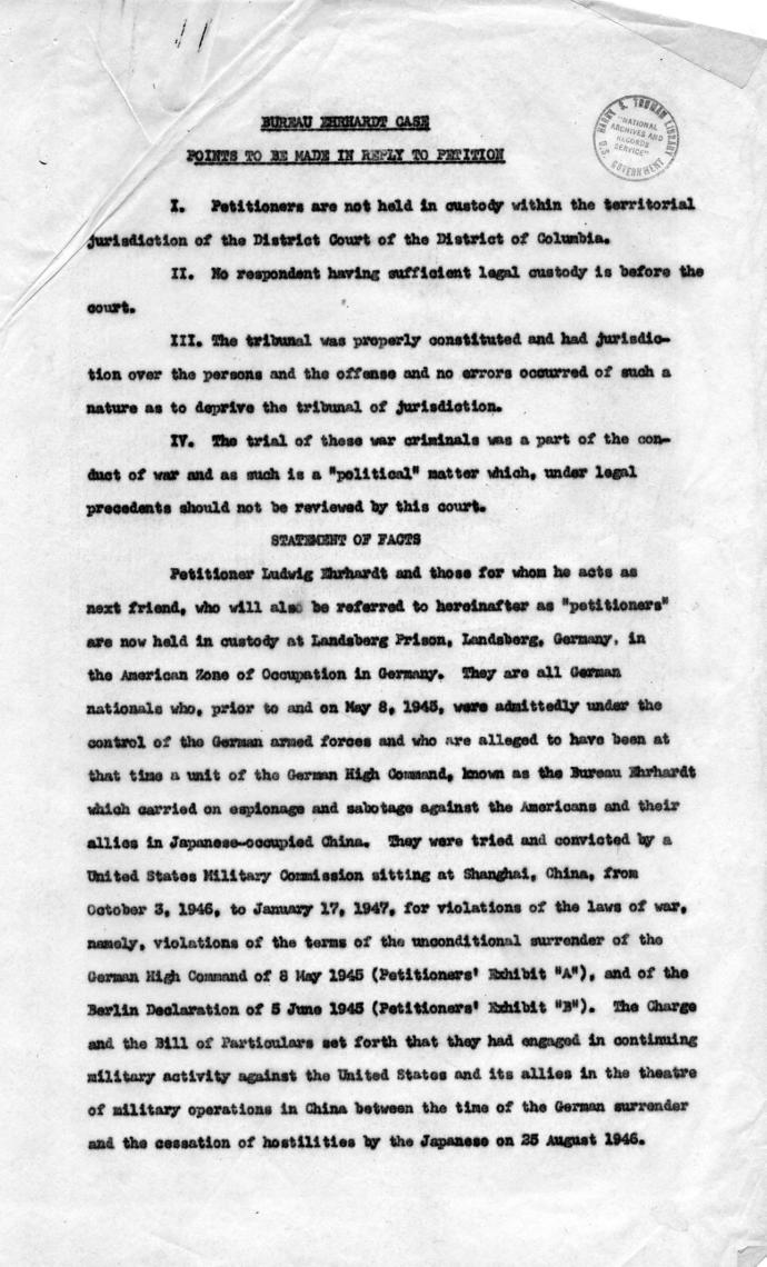 Memorandum, \"Bureau Erhardt Case - Points to be Made in Reply to Petition\"