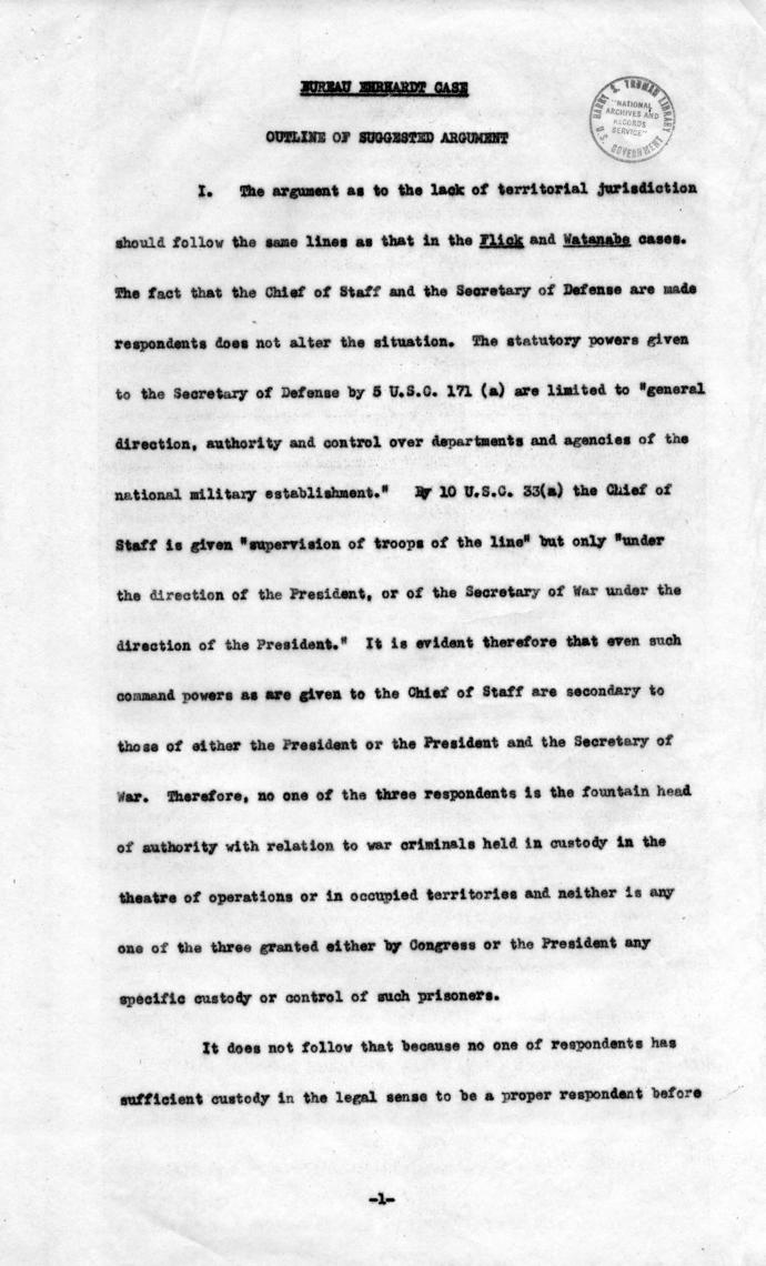 Memorandum, \"Bureau Erhardt Case - Points to be Made in Reply to Petition\"