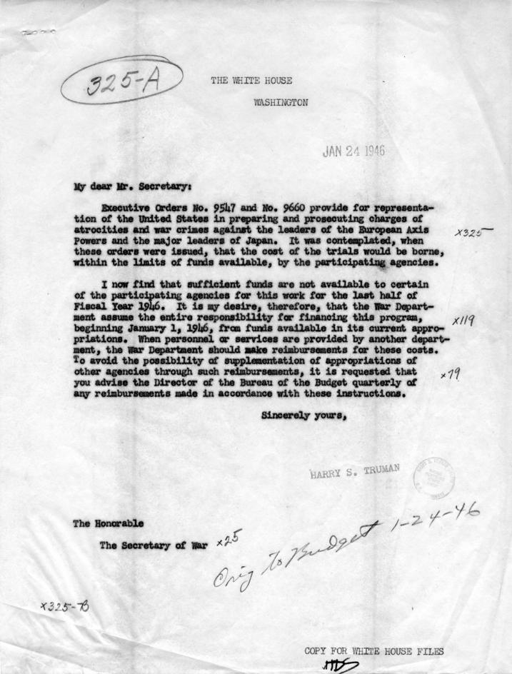 Letter from Harry S. Truman to Robert Patterson accompanied by related correspondence