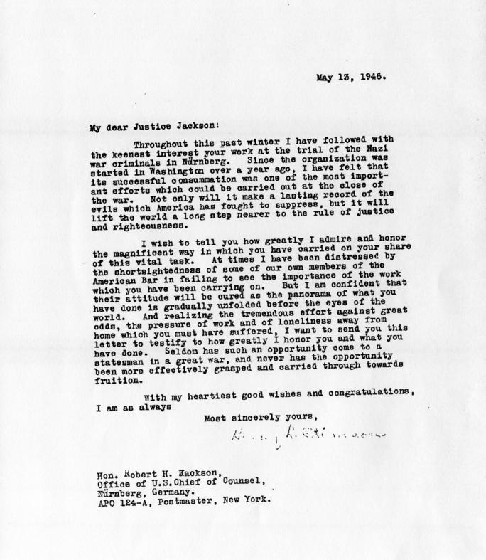Correspondence between Henry Stimson and Harry S. Truman, accompanied by a copy of a letter from Henry Stimson to Robert Jackson