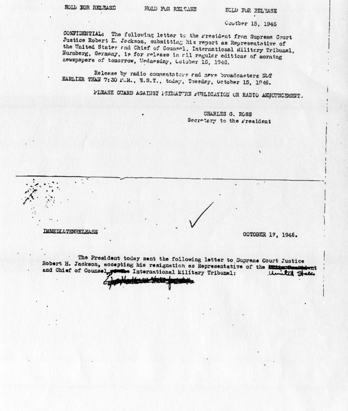 Correspondence between Harry S. Truman and Robert Jackson accompanied by related correspondence