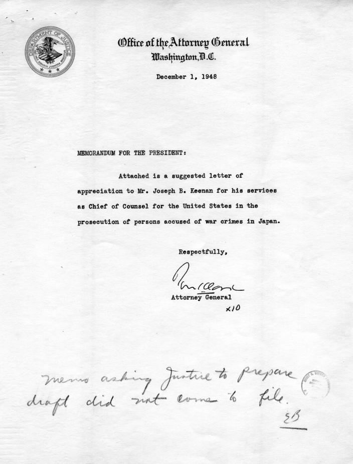 Letter from Harry S. Truman to Joseph B. Keenan accompanied by related correspondence