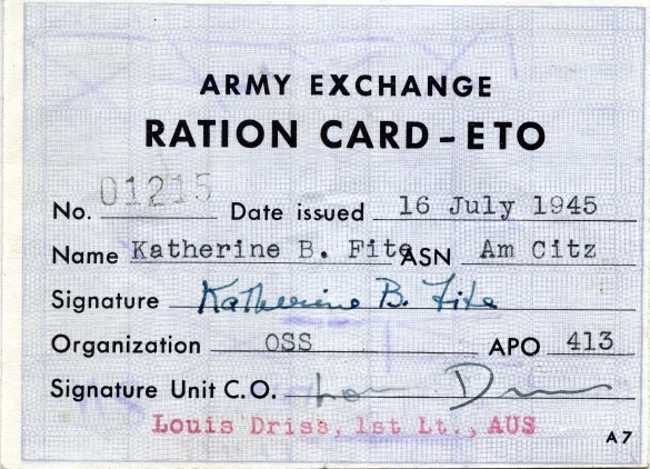 Army Ration card issued to Katherine Fite