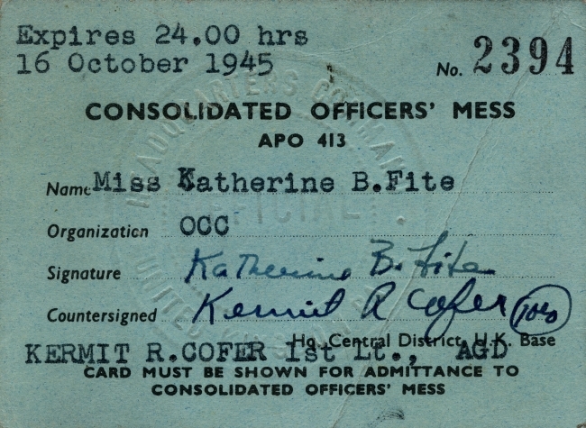 Officer\'s Mess Identification card issued to Katherine Fite