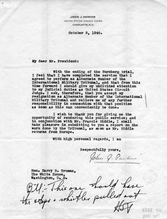 Correspondence between John J. Parker and Harry S. Truman, accompanied by a press release