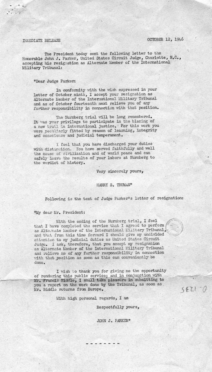 Correspondence between John J. Parker and Harry S. Truman, accompanied by a press release