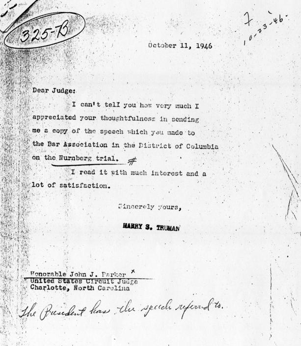 Correspondence between John J. Parker and Harry S. Truman