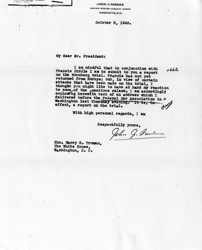 Correspondence between John J. Parker and Harry S. Truman