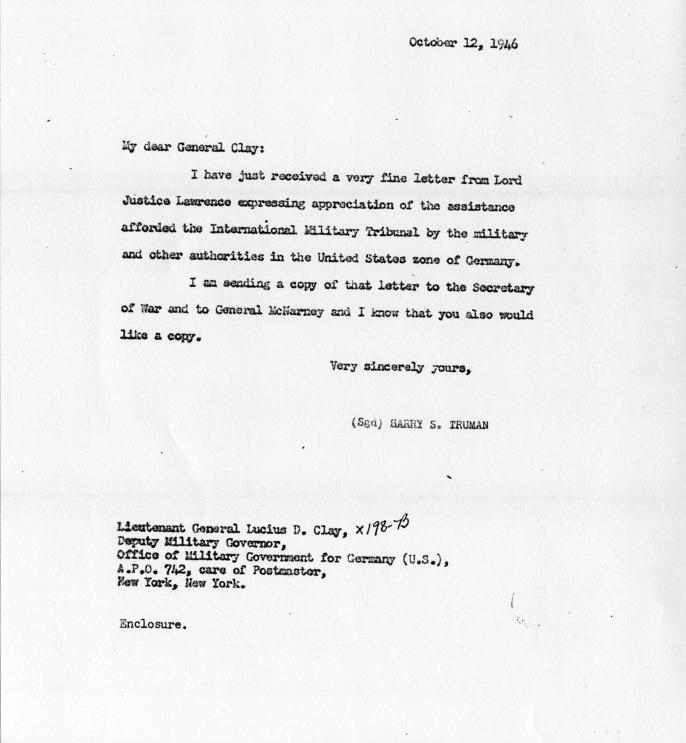 Correspondence between Lord Justice Geoffrey Lawrence and Harry S. Truman, accompanied by related correspondence