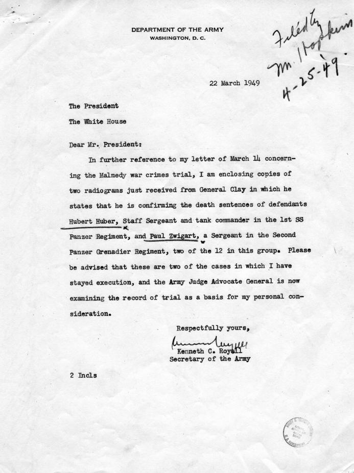 Letter from Kenneth Royall to Harry S. Truman, accompanied by related materials