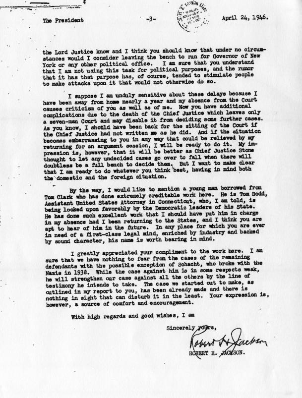 Letter from Robert Jackson to Harry S. Truman