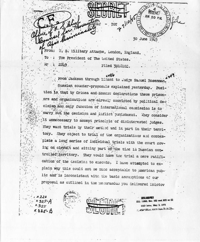 Telegram from the U.S. Military AttachÃ©, London, England, to Harry S. Truman