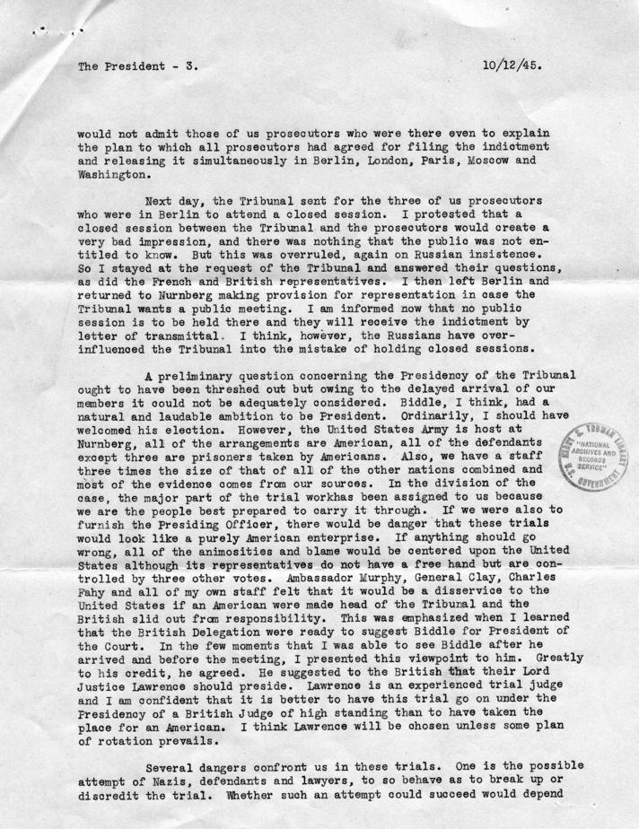 Letter from Robert Jackson to Harry S. Truman