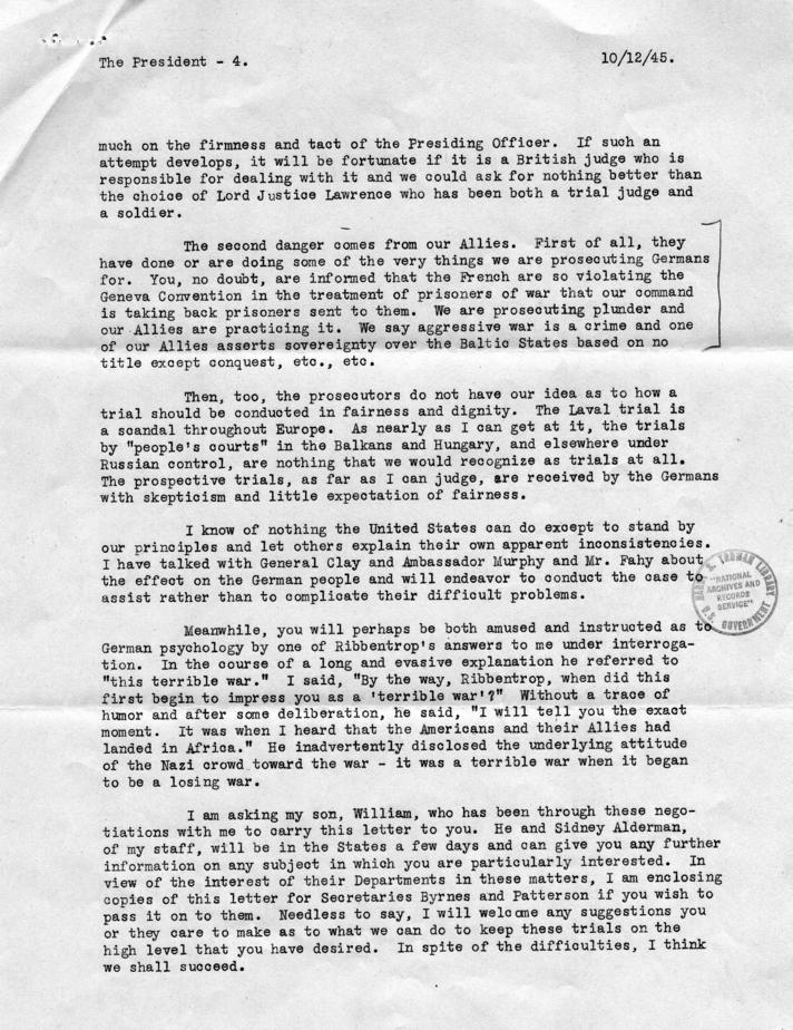 Letter from Robert Jackson to Harry S. Truman