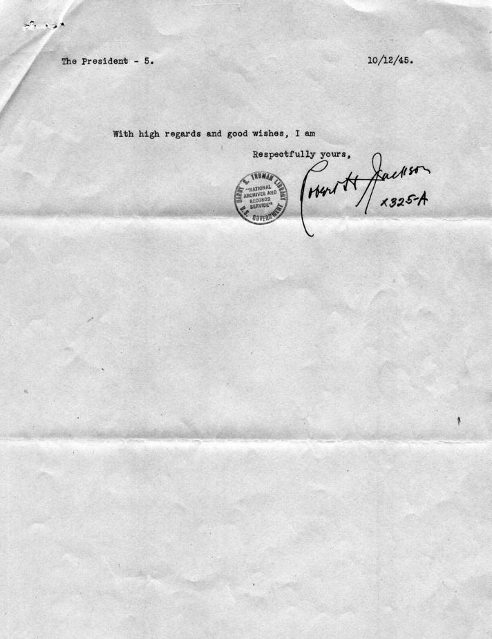 Letter from Robert Jackson to Harry S. Truman