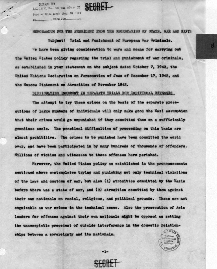Draft memorandum from Cordell Hull, Henry Stimson, and James Forrestal to Franklin D. Roosevelt