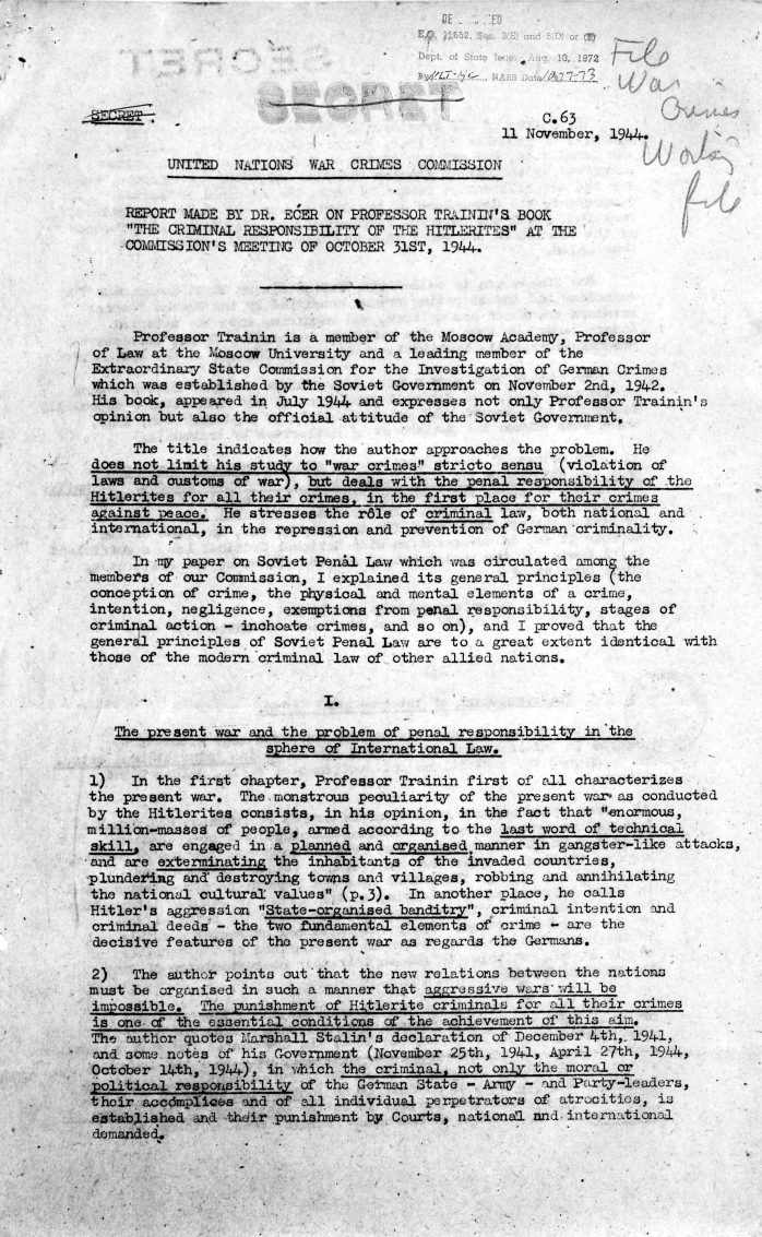 Memorandum from the United Nations War Crimes Commission, \"Report Made by Dr. Ecer on Professor Trainin\'s Book\"