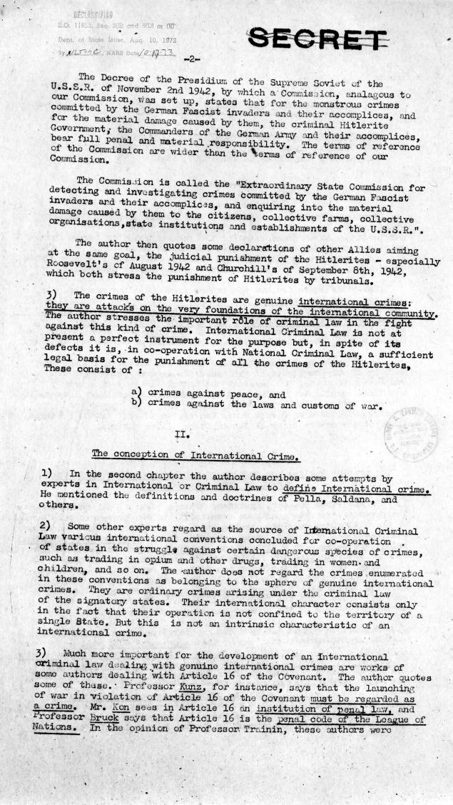 Memorandum from the United Nations War Crimes Commission, \"Report Made by Dr. Ecer on Professor Trainin\'s Book\"