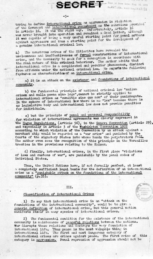 Memorandum from the United Nations War Crimes Commission, \"Report Made by Dr. Ecer on Professor Trainin\'s Book\"