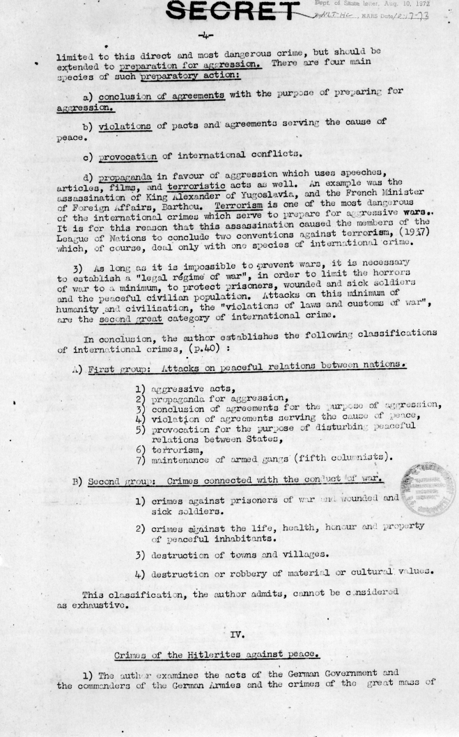 Memorandum from the United Nations War Crimes Commission, \"Report Made by Dr. Ecer on Professor Trainin\'s Book\"