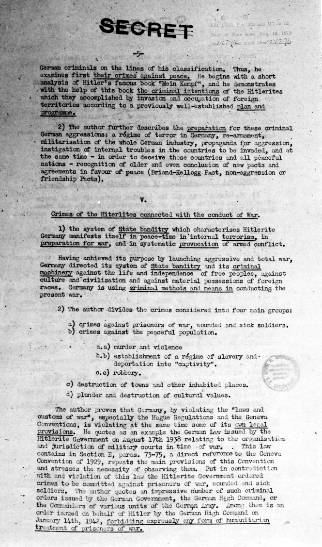 Memorandum from the United Nations War Crimes Commission, \"Report Made by Dr. Ecer on Professor Trainin\'s Book\"