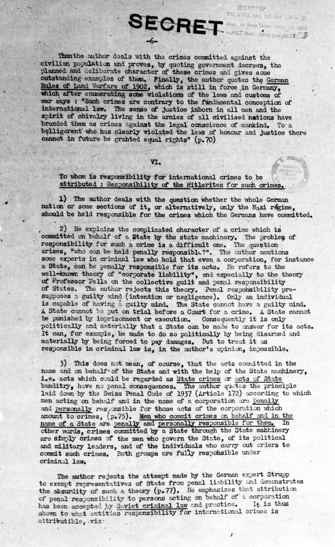 Memorandum from the United Nations War Crimes Commission, \"Report Made by Dr. Ecer on Professor Trainin\'s Book\"