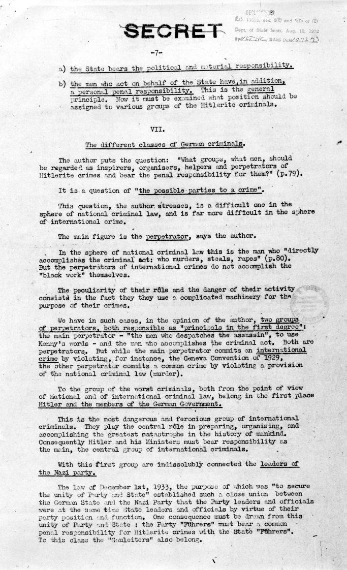 Memorandum from the United Nations War Crimes Commission, \"Report Made by Dr. Ecer on Professor Trainin\'s Book\"