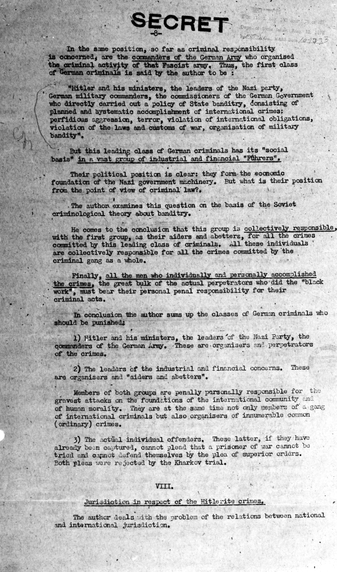 Memorandum from the United Nations War Crimes Commission, \"Report Made by Dr. Ecer on Professor Trainin\'s Book\"