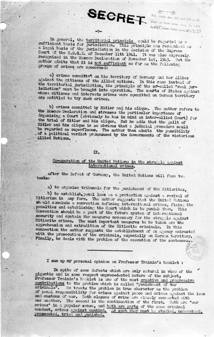 Memorandum from the United Nations War Crimes Commission, \"Report Made by Dr. Ecer on Professor Trainin\'s Book\"