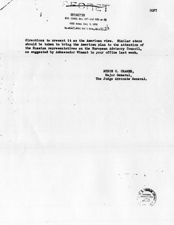 Memorandum from R. A. Cutter to Murray C. Bernays, accompanied by a copy of a memorandum from Myron Cramer to John McCloy