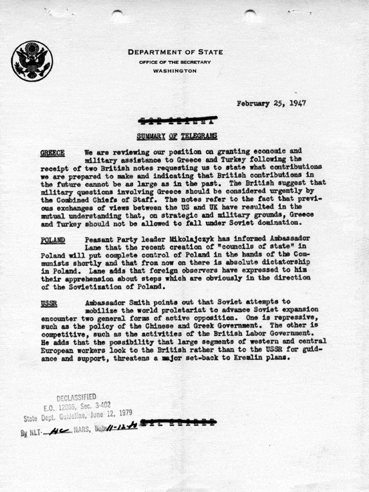 Summary of Telegrams, Department of State