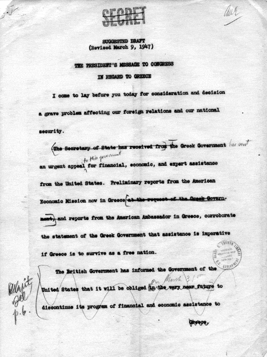 Draft of President\'s Message to Congress in regard to Greece