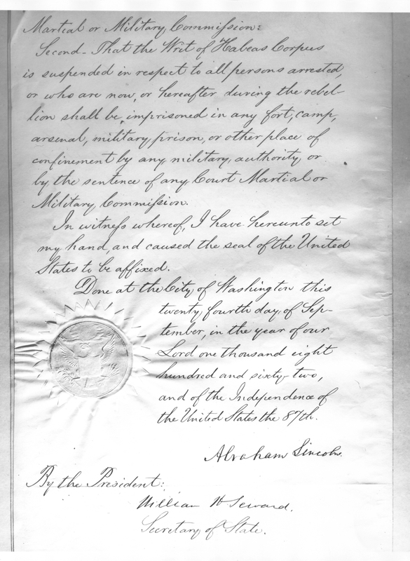 Document suspending the Writ of Habeas Corpus, signed by Abraham