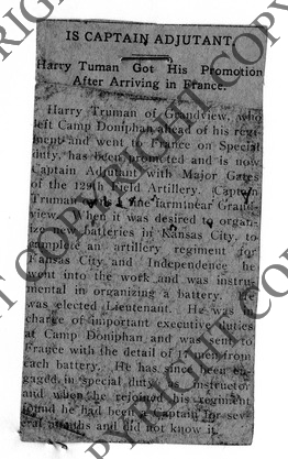 Newspaper Clipping, "Is Captain Adjutant; Harry S. Truman Got His Promotion After Arriving in France"