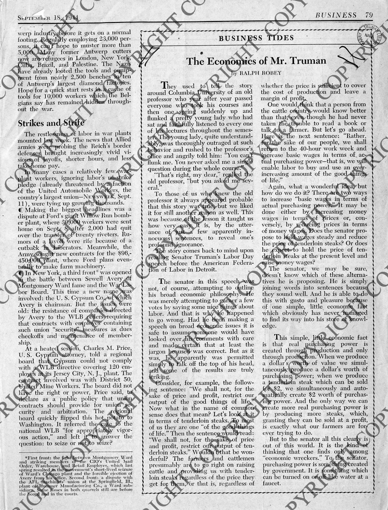 Review of Mr. Ralph Robey's Newsweek Article, "The Economics of Mr. Truman"